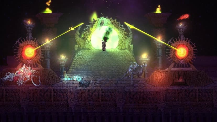 Glowing green portal centered between two mechanical eyes firing yellow beams in a dark fantasy landscape.