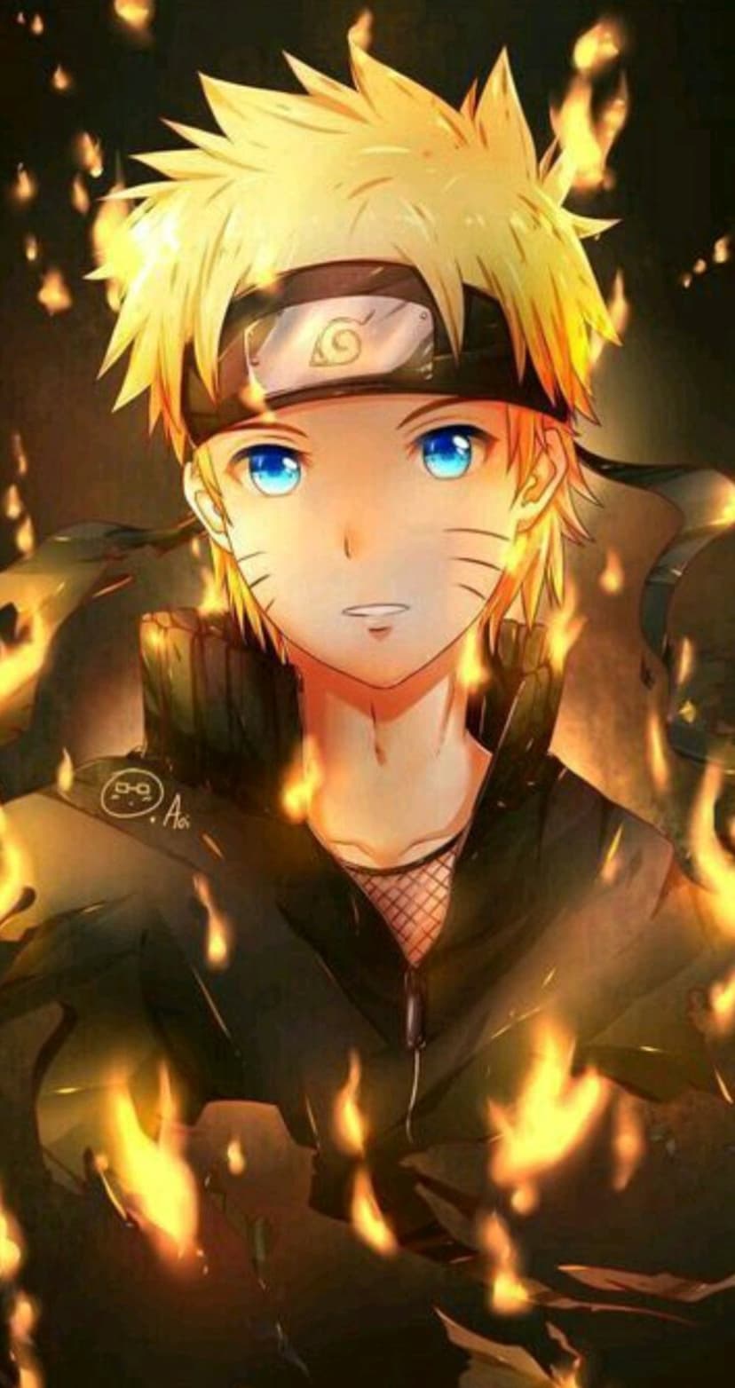 Naruto Uzumaki with spiky blonde hair and a blue headband stands amidst swirling orange fire and sparks.