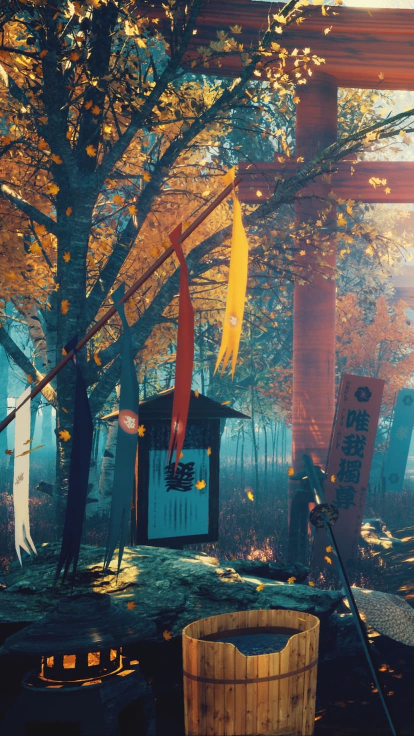 Katana leaning against a wooden shrine amidst red autumn maples, stone lanterns, and soft morning mist in a forest.