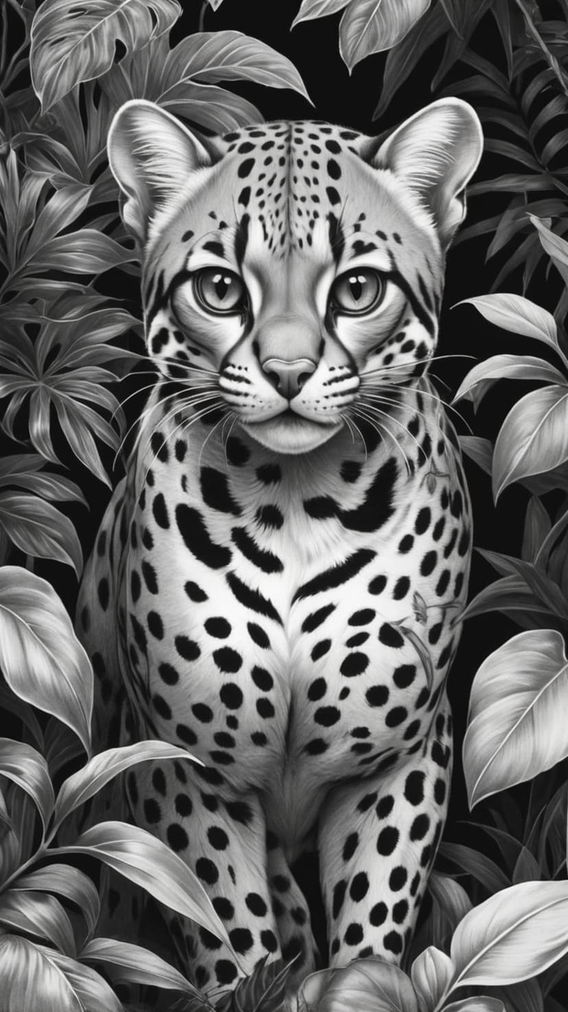 Ocelot with spotted fur peeks through dark tropical leaves in a high-contrast black and white wildlife portrait.