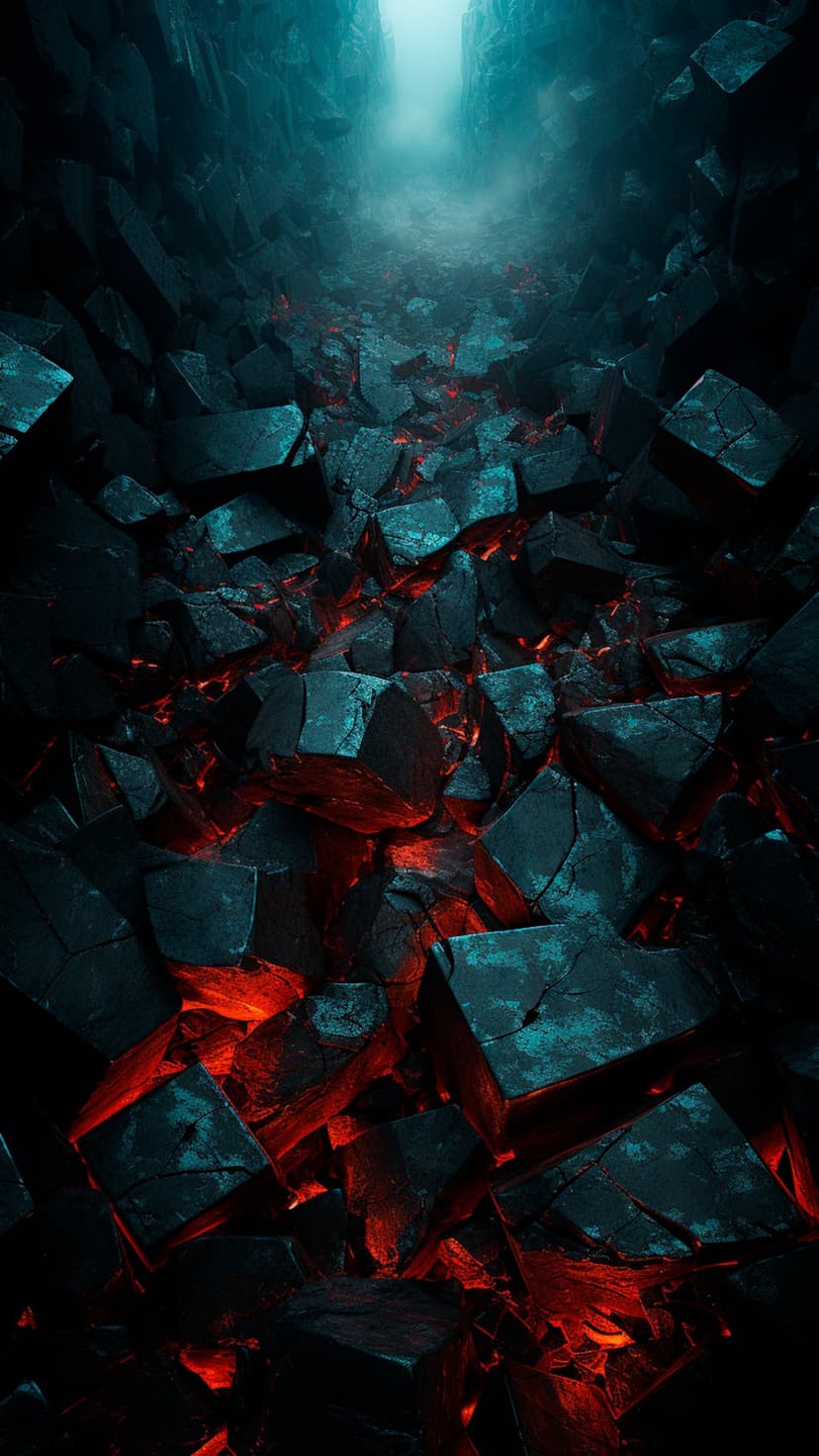 Jagged volcanic rocks glowing with red molten lava inside a dark misty canyon with blue ambient light reflections.