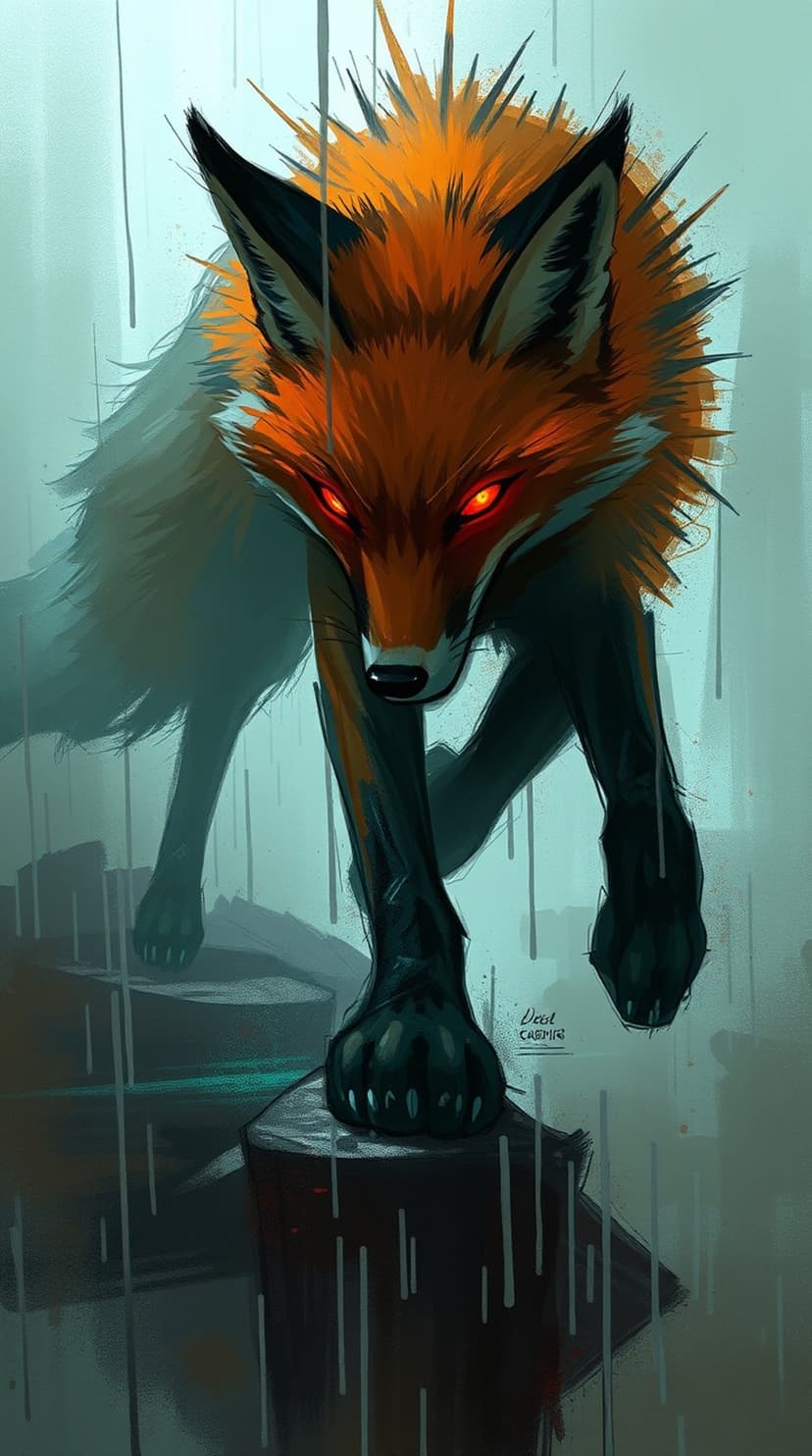 Fox with glowing red eyes and a fiery orange mane stalks through raindrops on a dark, moody landscape.