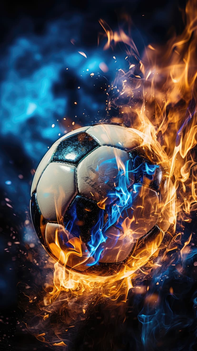 Soccer ball engulfed in swirling blue and orange flames with flying sparks and dark smoke against a black backdrop.