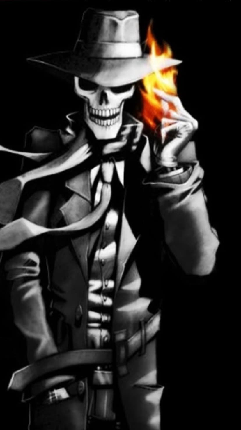Skeleton wearing a fedora and trench coat holds a hand engulfed in bright orange flames against a black backdrop.