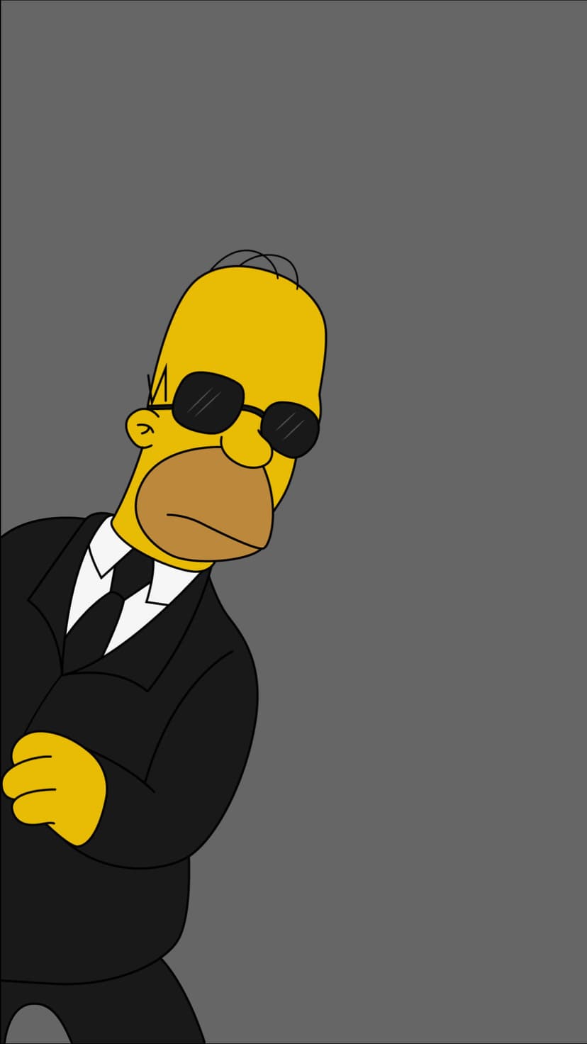 Homer Simpson peeks from the left wearing a black suit and sunglasses against a solid grey background.