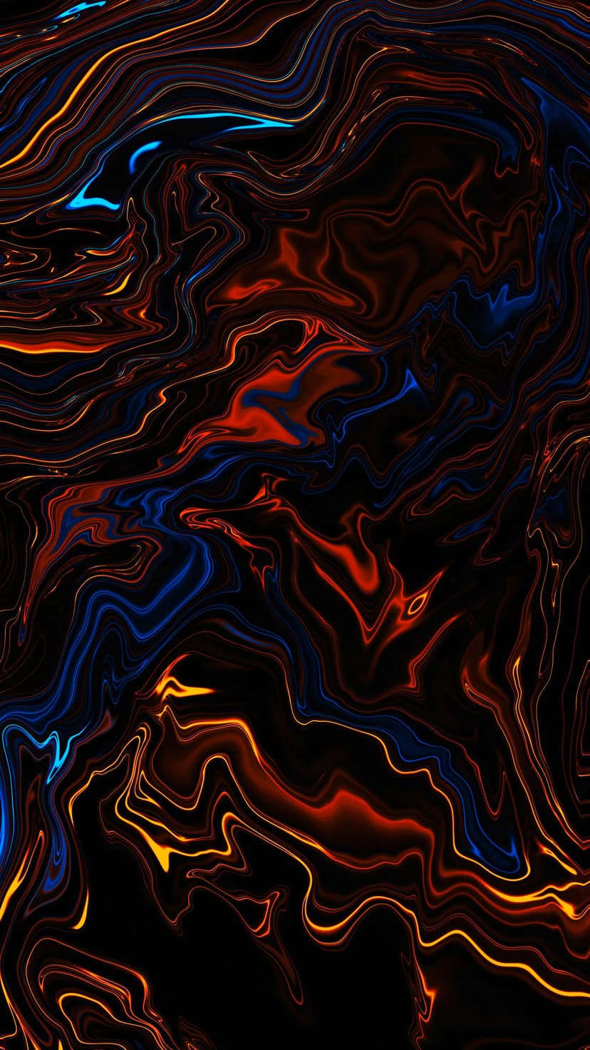 Glowing orange magma waves interweave with electric blue neon streaks across a dark fluid background.
