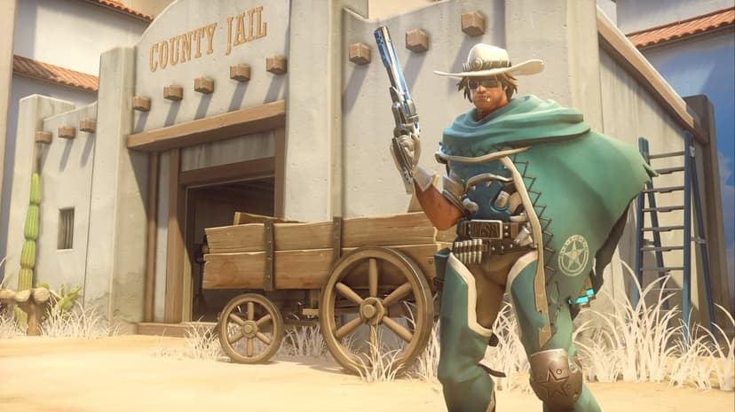 Cassidy in turquoise Ranger gear holding a revolver outside a desert County Jail with a wooden wagon.