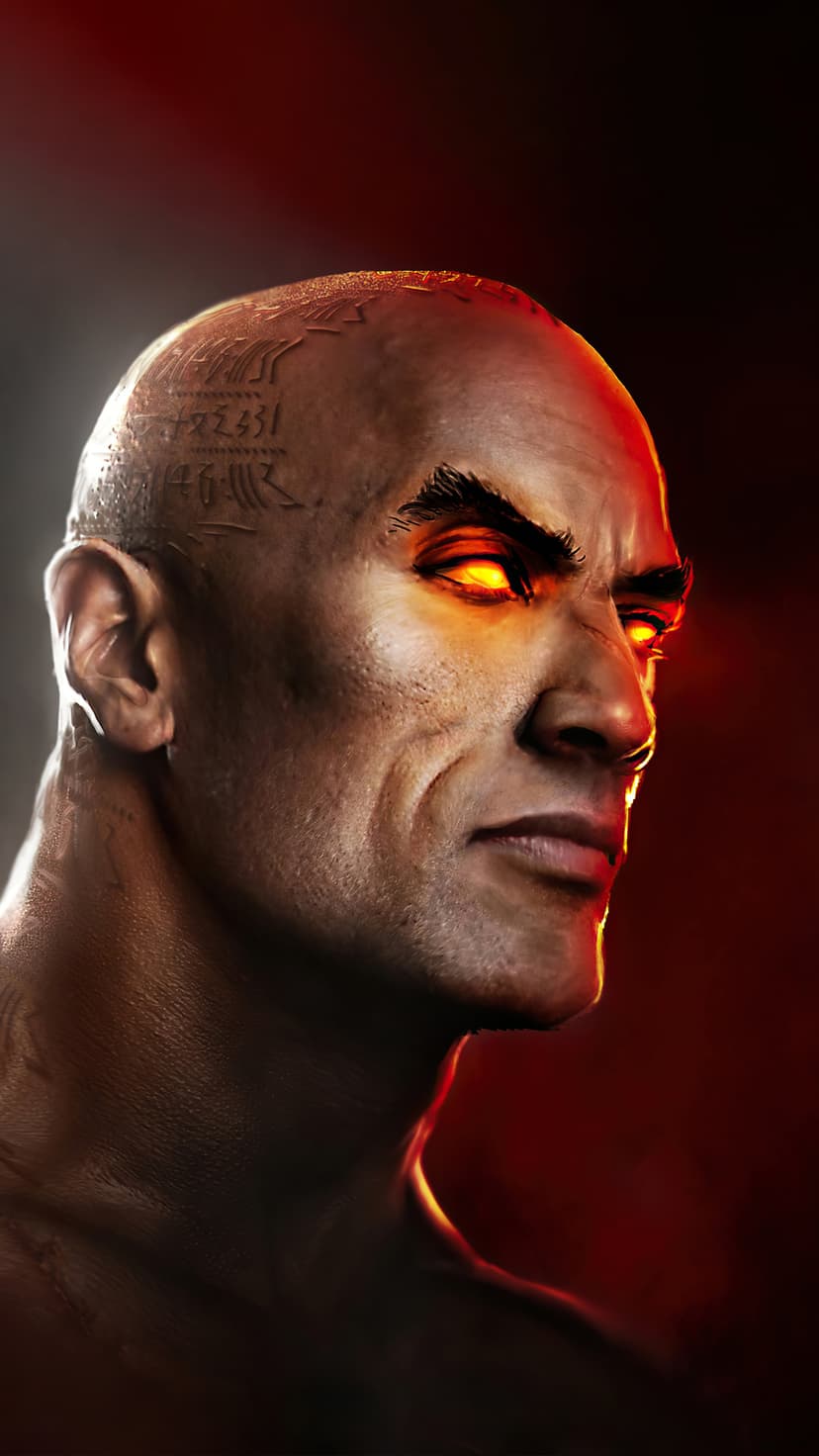 Bald man with luminous orange eyes and intricate black geometric tattoos on his head against a dark background.