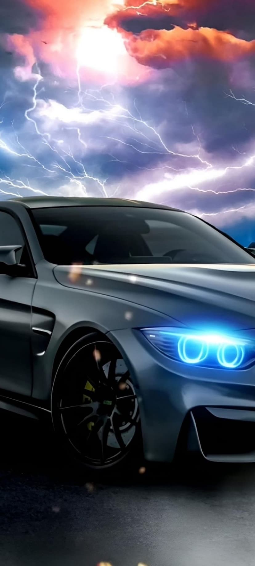 Sleek sports car with blue headlights on wet asphalt under a purple and orange sky with lightning strikes.