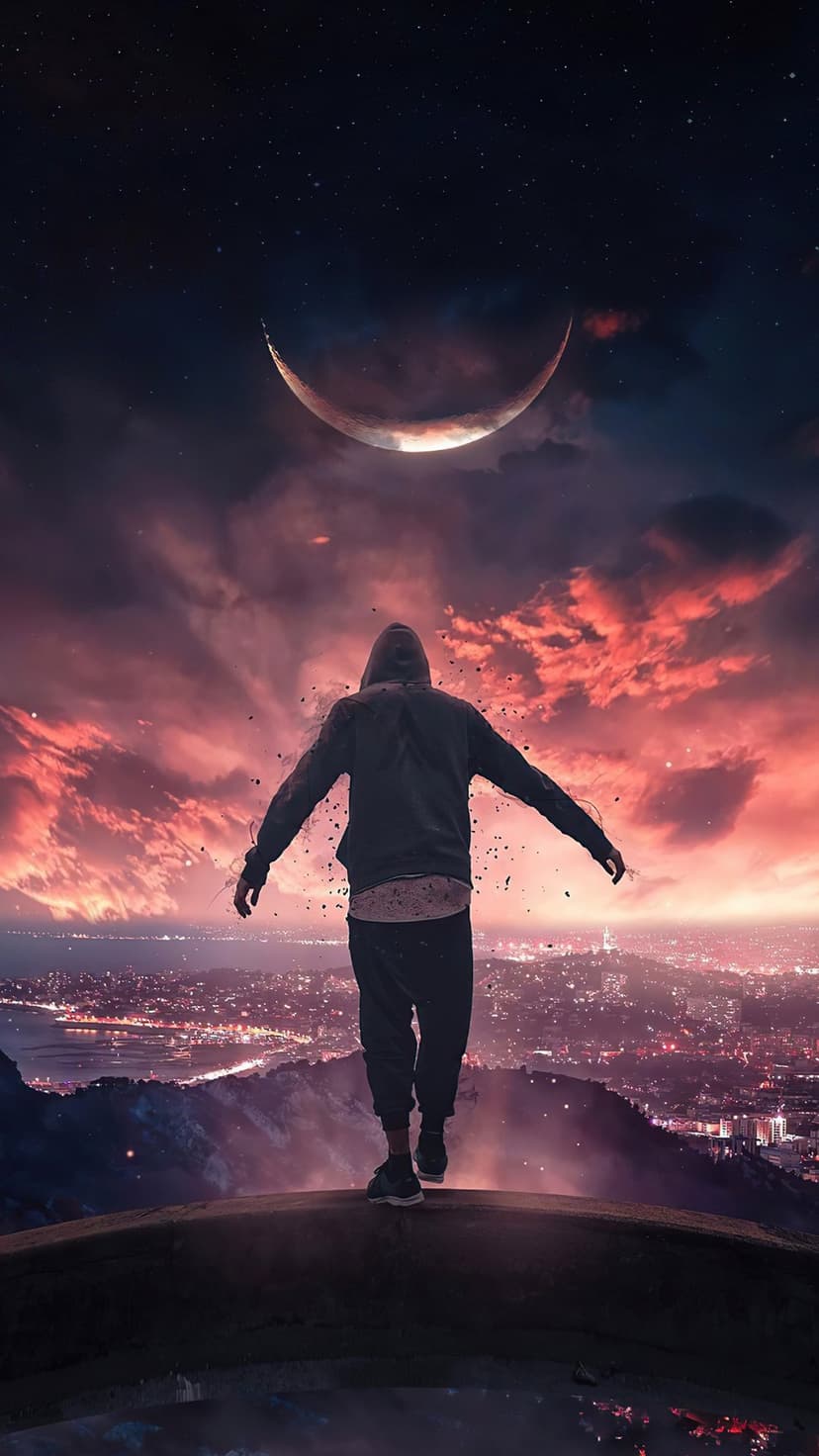 Hooded figure with arms outstretched stands on a high ledge overlooking a city under a crescent moon and orange sky.