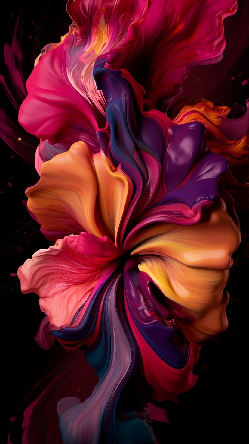 Swirling plumes of glossy purple, pink, and orange paint collide against a solid black background in fluid motion.