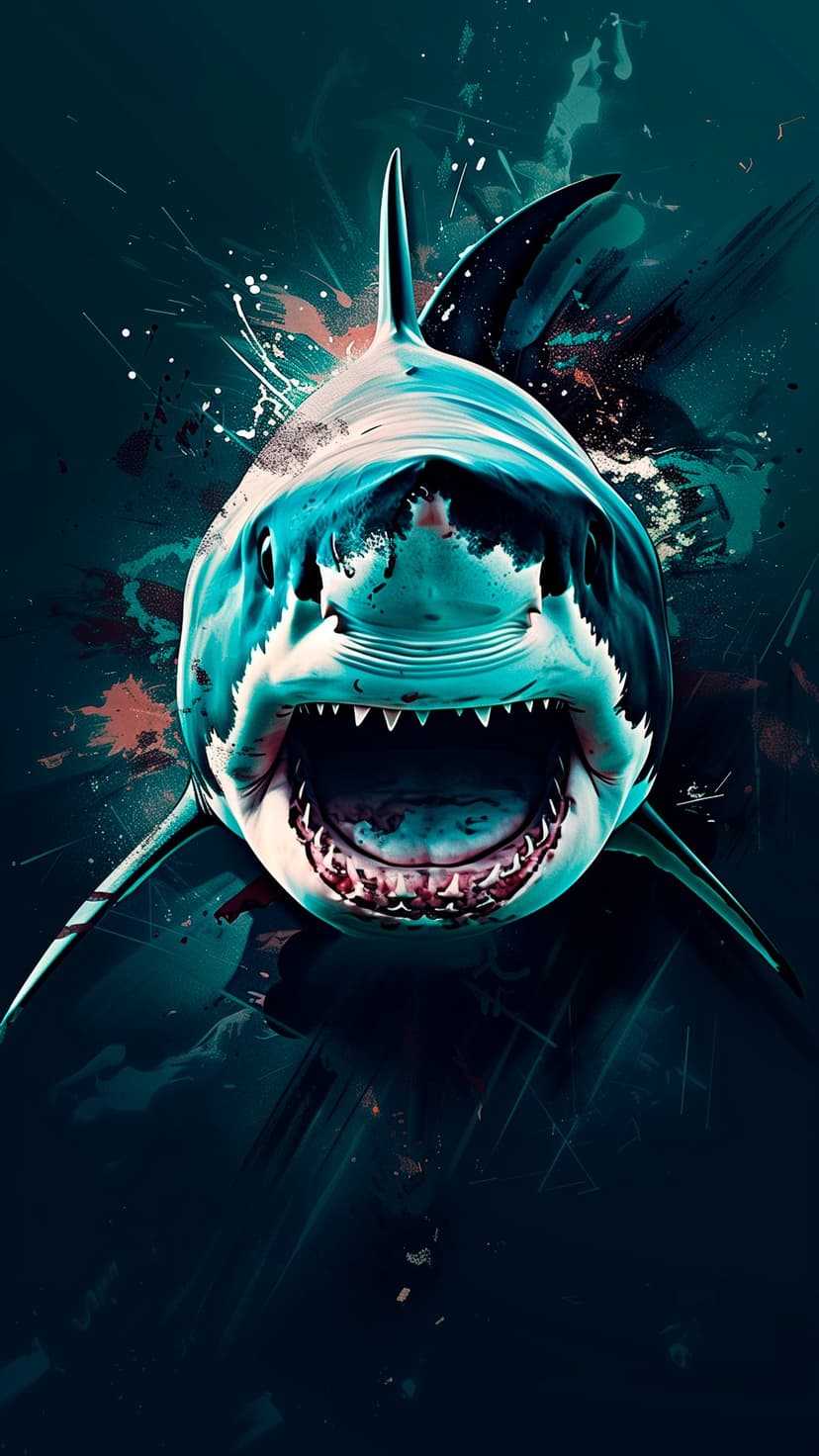 Great White Shark with an open mouth showing rows of sharp teeth against a dark background with motion splatters.