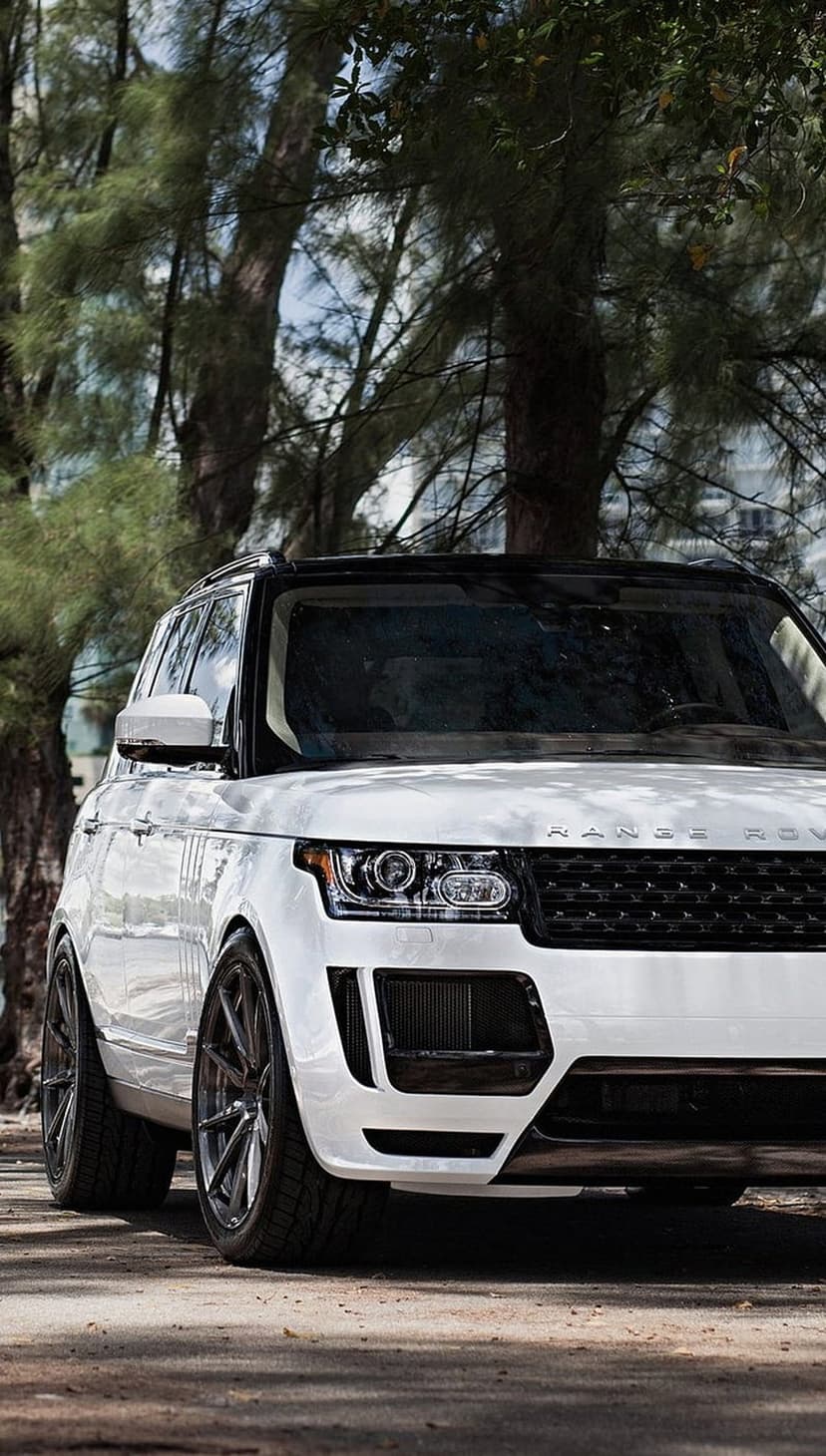 White Range Rover Vogue parked on a dirt path under green trees with dark custom wheels and a front grille.