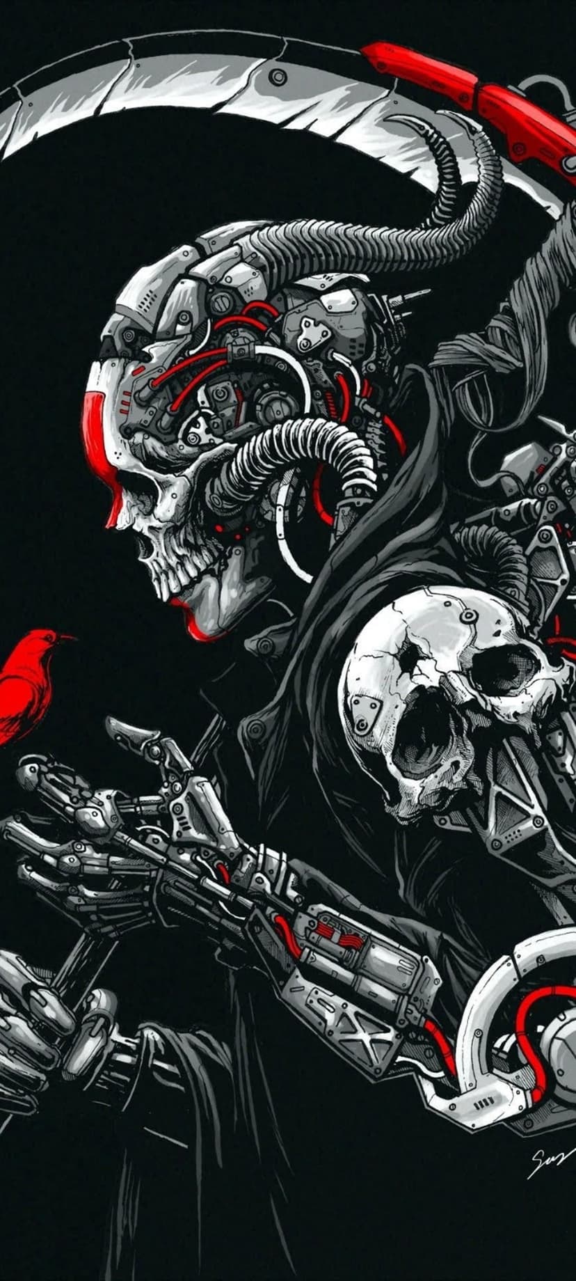 Hooded mechanical reaper holding a large scythe and a red bird next to a metal skull against a dark backdrop.