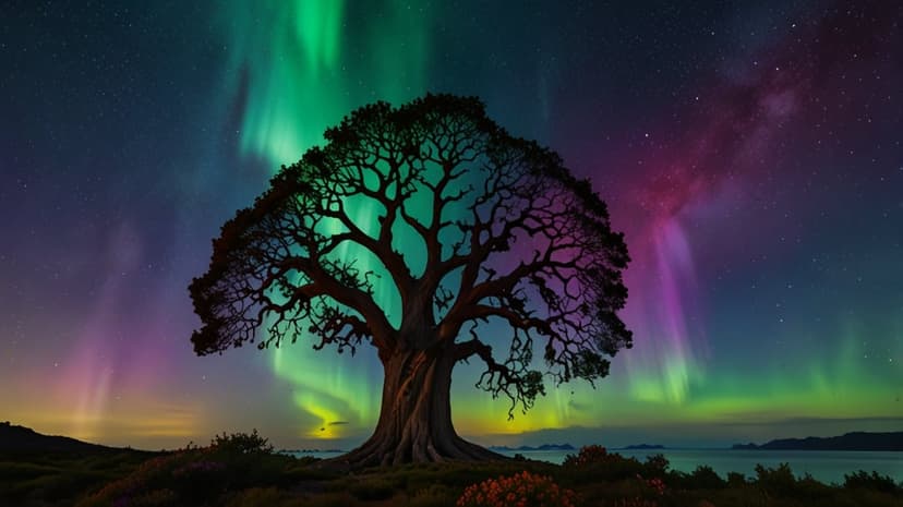 Silhouette tree under swirling green and purple aurora borealis lights in a dark, star-filled night sky.