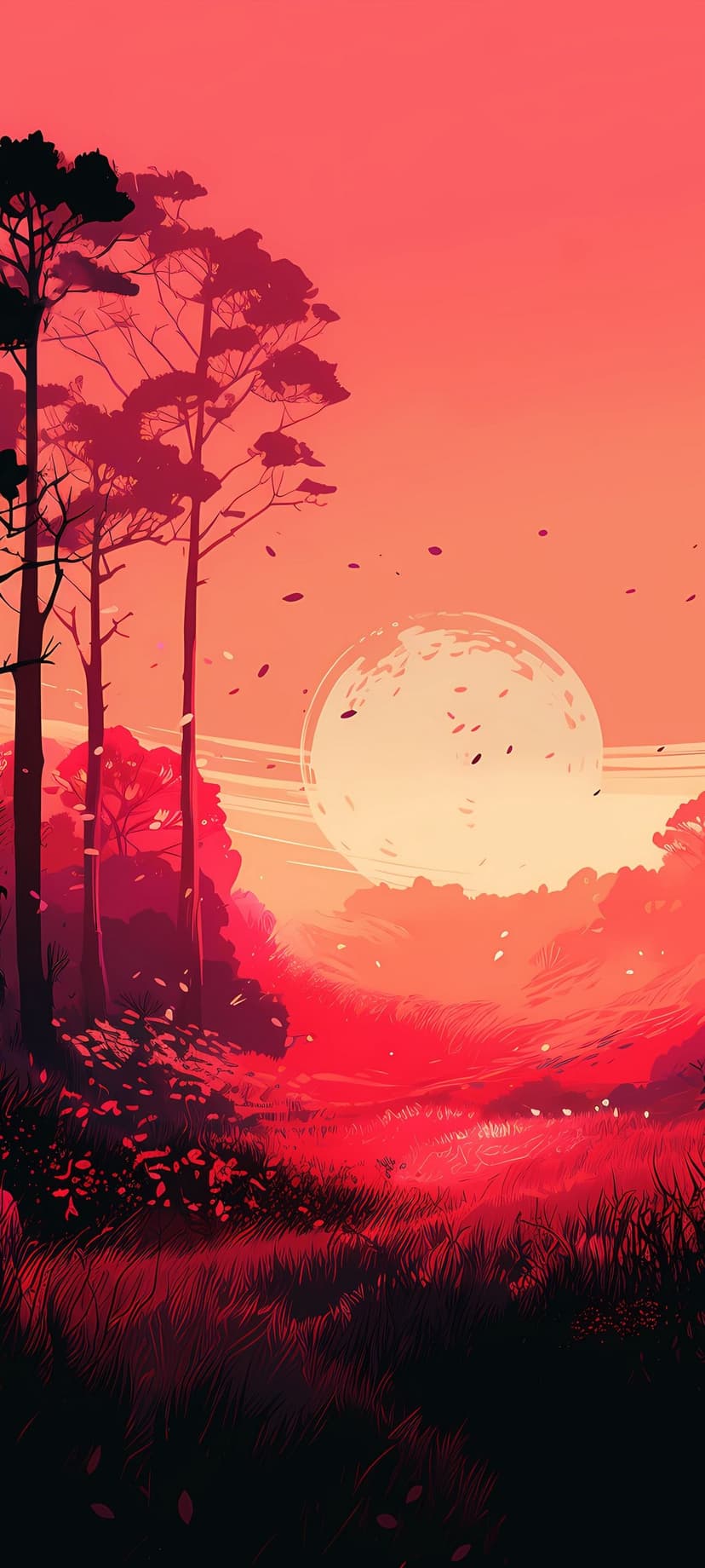 Massive pale sun hangs over silhouetted trees and a meadow of tall grass under a deep crimson sky at dusk.