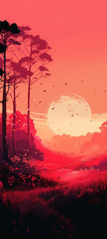 Vibrant Red Sunset Over Grassy Field with Tall Trees