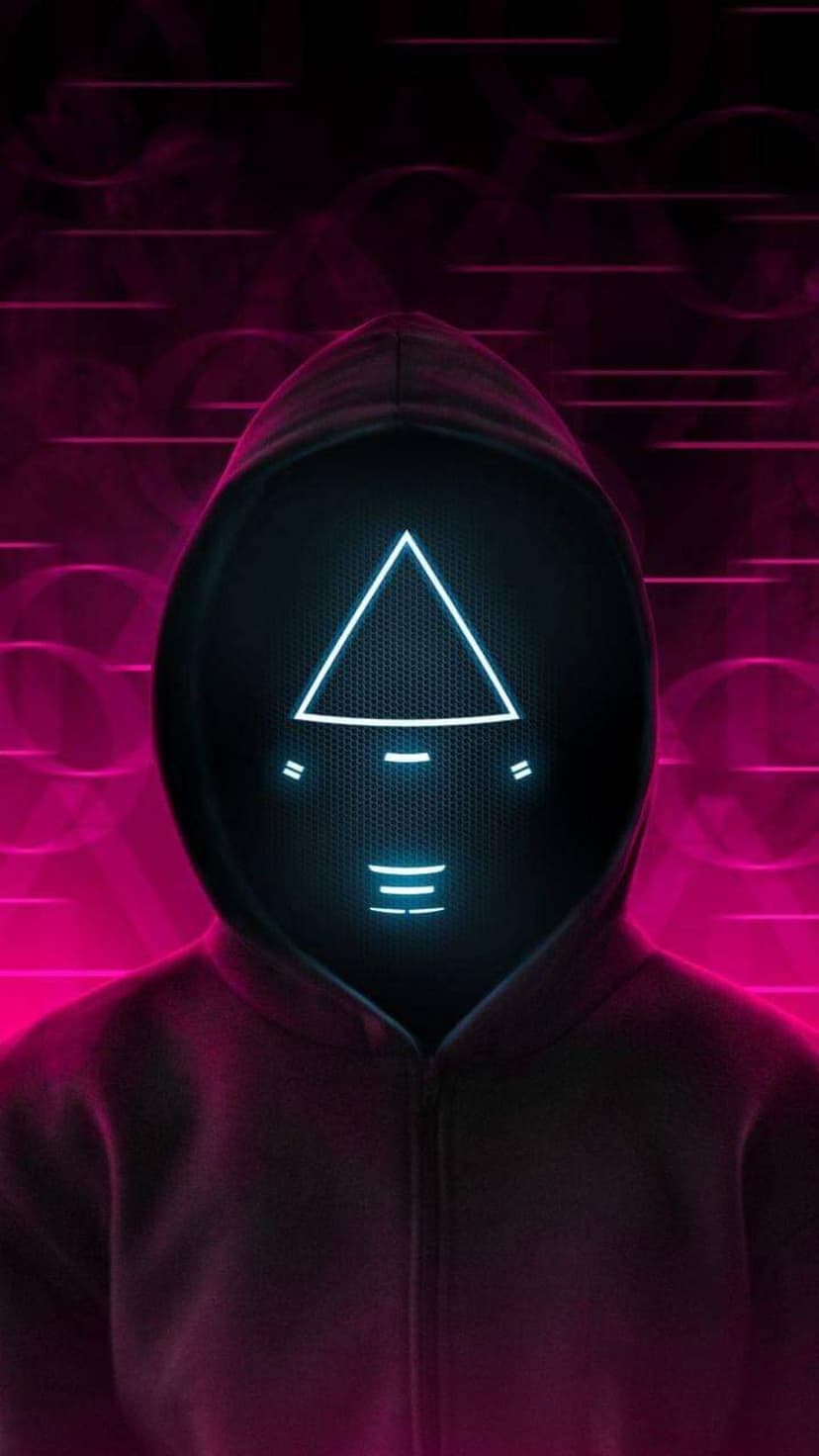 Masked person in a black hoodie features a glowing blue triangle symbol against a vibrant pink abstract backdrop.