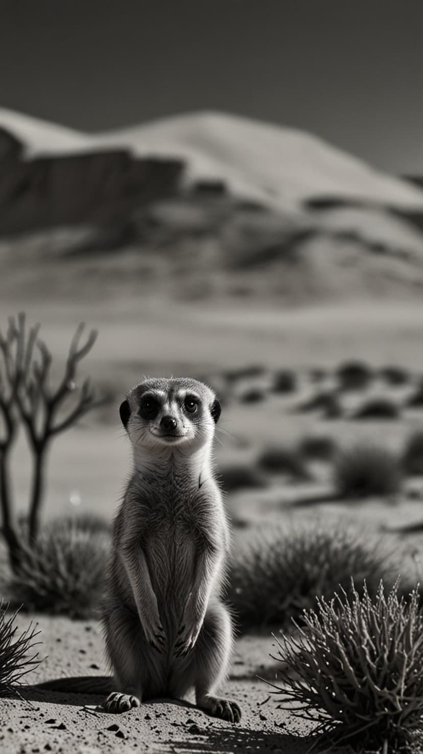 A meerkat stands upright on its hind legs in a stark, black and white desert landscape with distant hills.