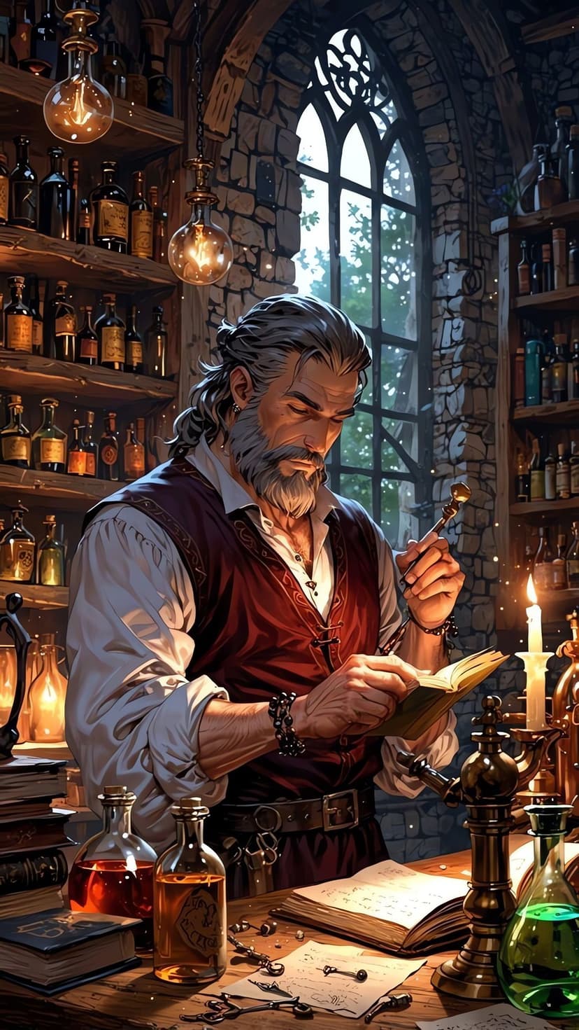 Bearded alchemist in a red vest reading a book amid glowing potions and stone walls in a magical workshop.