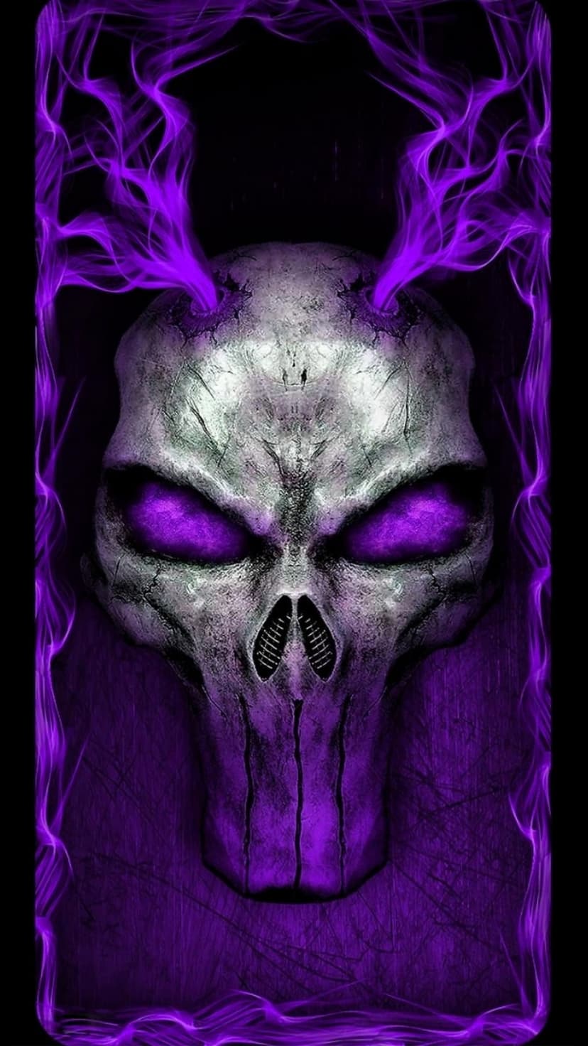 Weathered metallic skull with glowing purple eyes and swirling violet smoke against a dark black background.