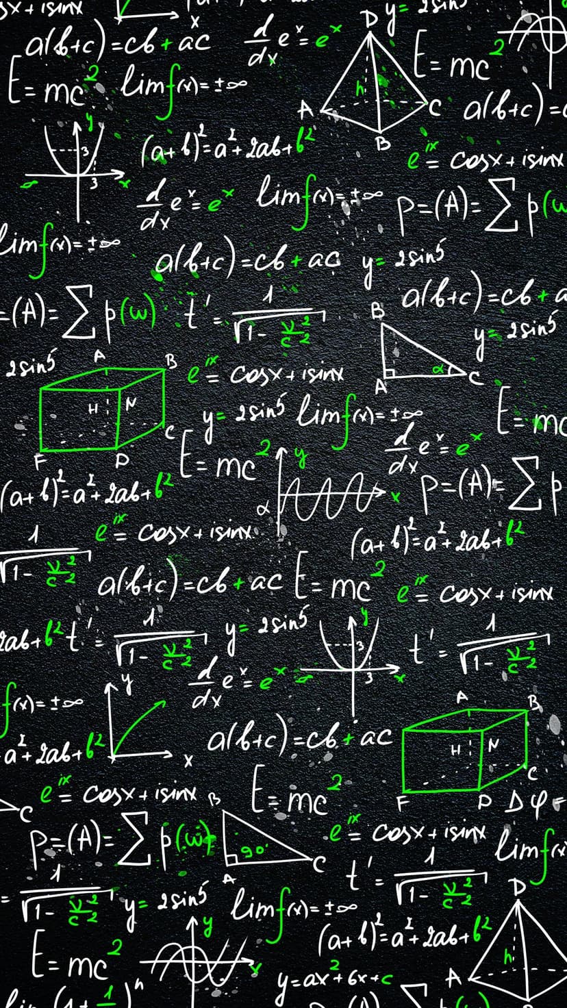 Handwritten calculus equations, geometric triangles, and physics formulas scrawled in green and white chalk.