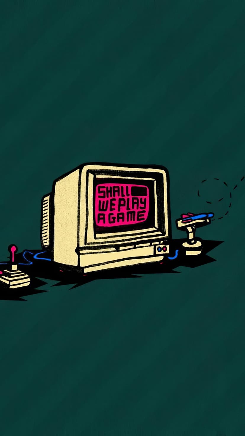Cream vintage computer with pink text on a CRT screen beside a joystick and light gun on a teal background.