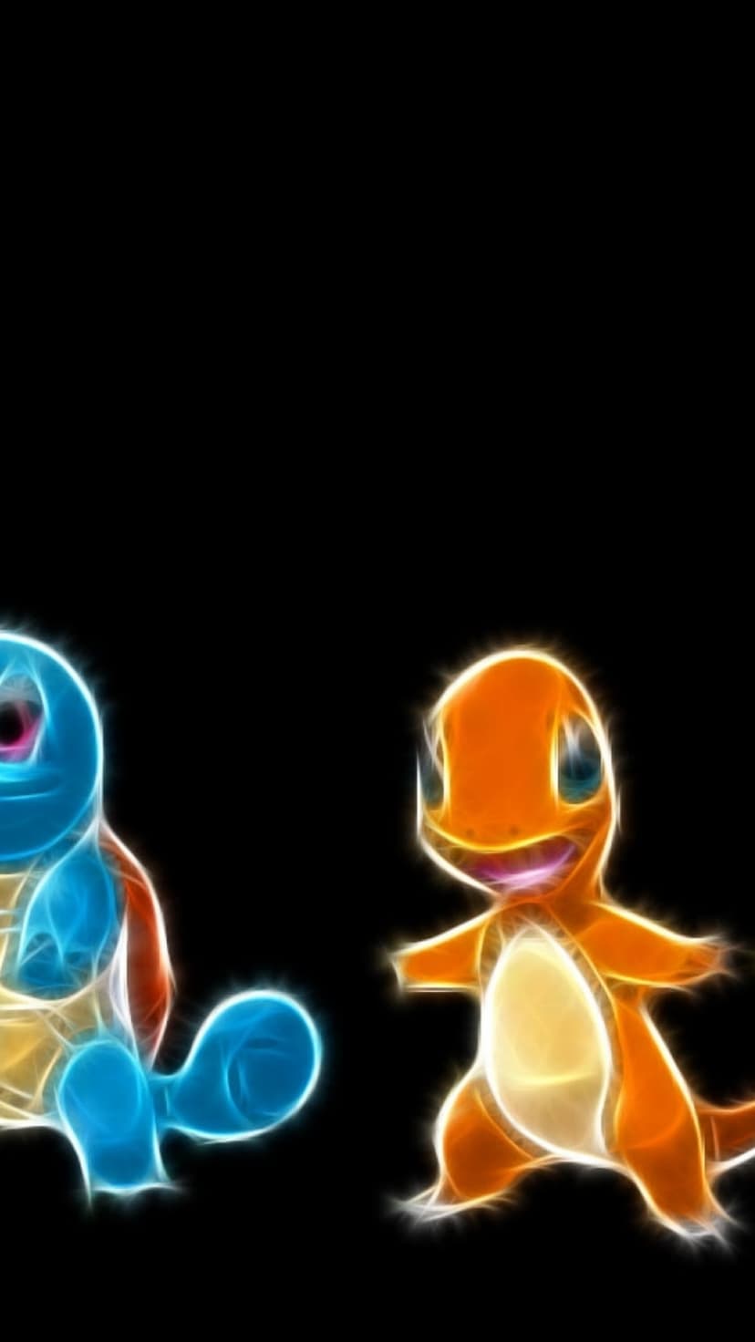 Squirtle and Charmander glow in vibrant blue and orange neon outlines set against a stark black background.