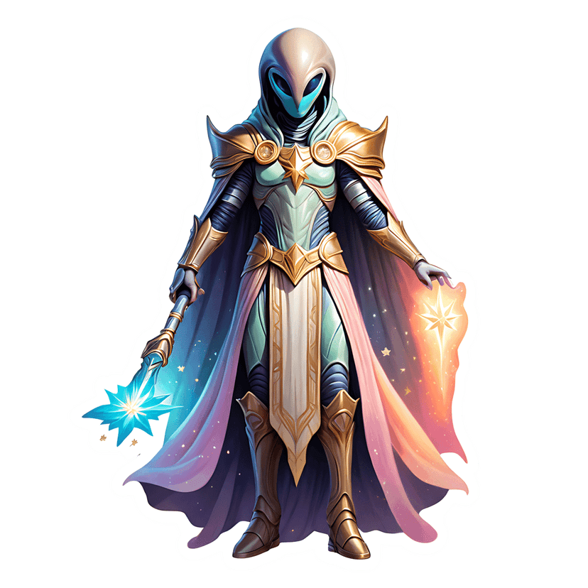 Hooded alien mage wearing golden armor casts celestial stars from a glowing staff and hand in digital art.