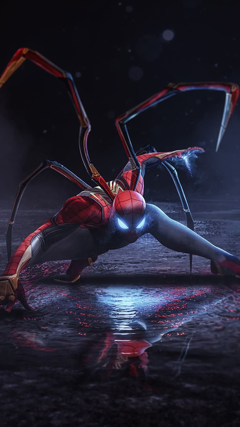 Spider-Man wearing a red and gold suit with mechanical legs and glowing blue eyes on a wet dark surface.