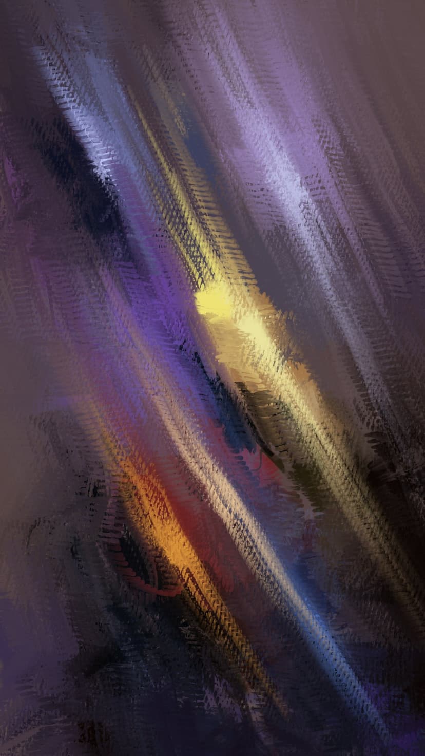 Diagonal light streaks in purple, yellow, and blue overlap with thick textured strokes and high-contrast shadows.