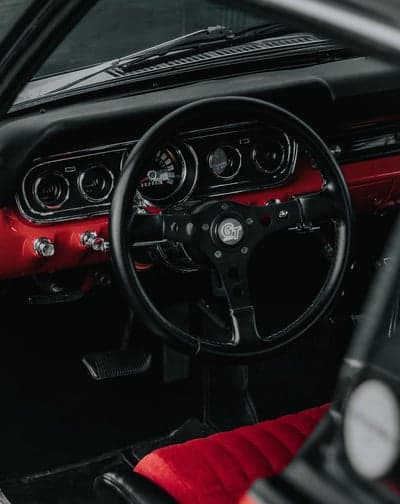 Classic Red and Black Mustang Interior with GT Steering Wheel