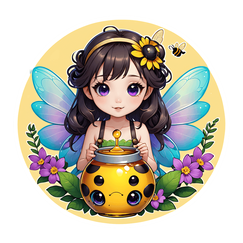 Chibi fairy sticker holding honey jar features iridescent blue wings and sunflower headband on yellow circle.