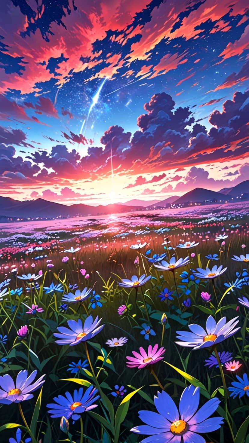 Pink and blue daisies fill a meadow under a red sunset sky with a shooting star and mountain silhouettes.