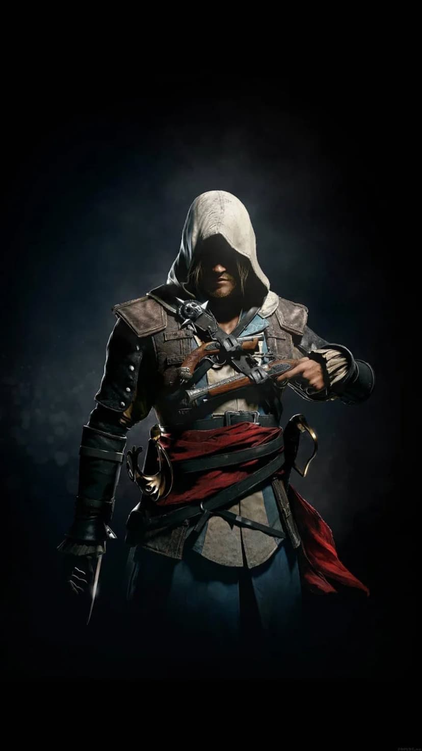 Edward Kenway in his hooded assassin robes holds a flintlock pistol with weathered leather and metal details.