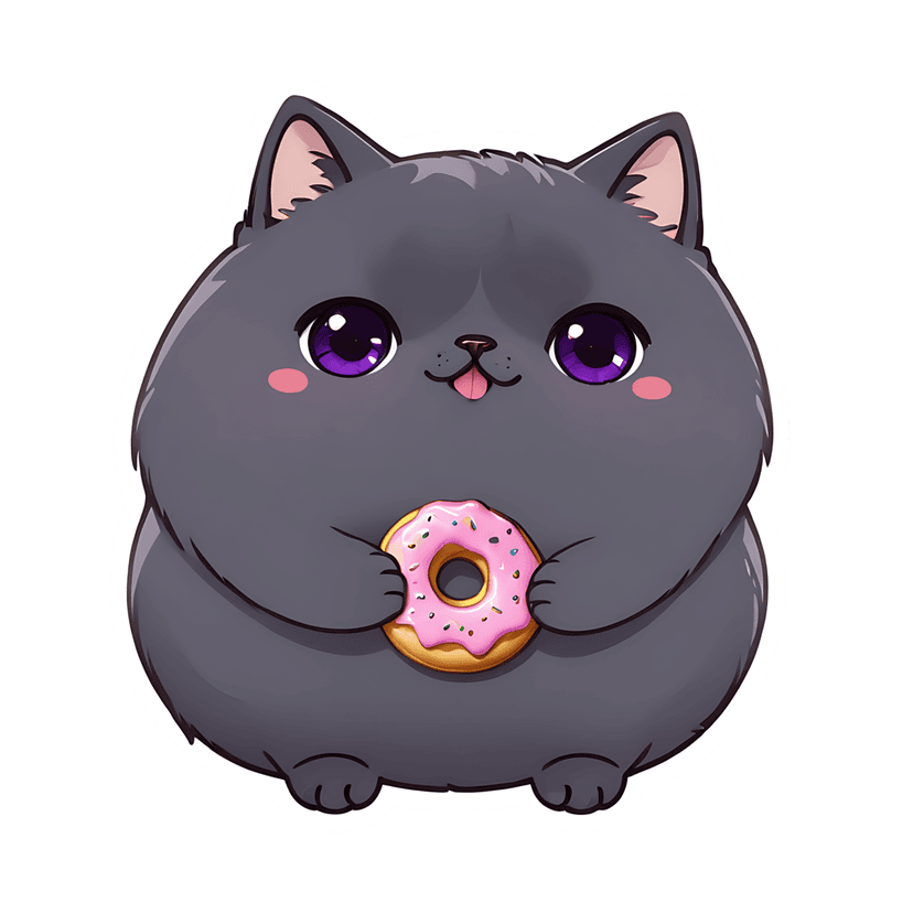 Gray kitten sticker holding pink donut with purple eyes and white border in a clean cartoon vector style.