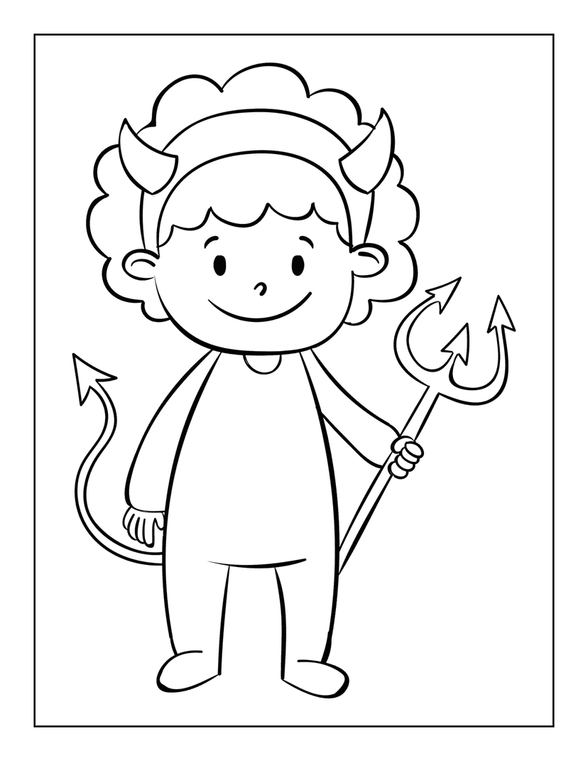 Devil coloring page featuring a cartoon character with horns and a pitchfork in clean black and white line art.