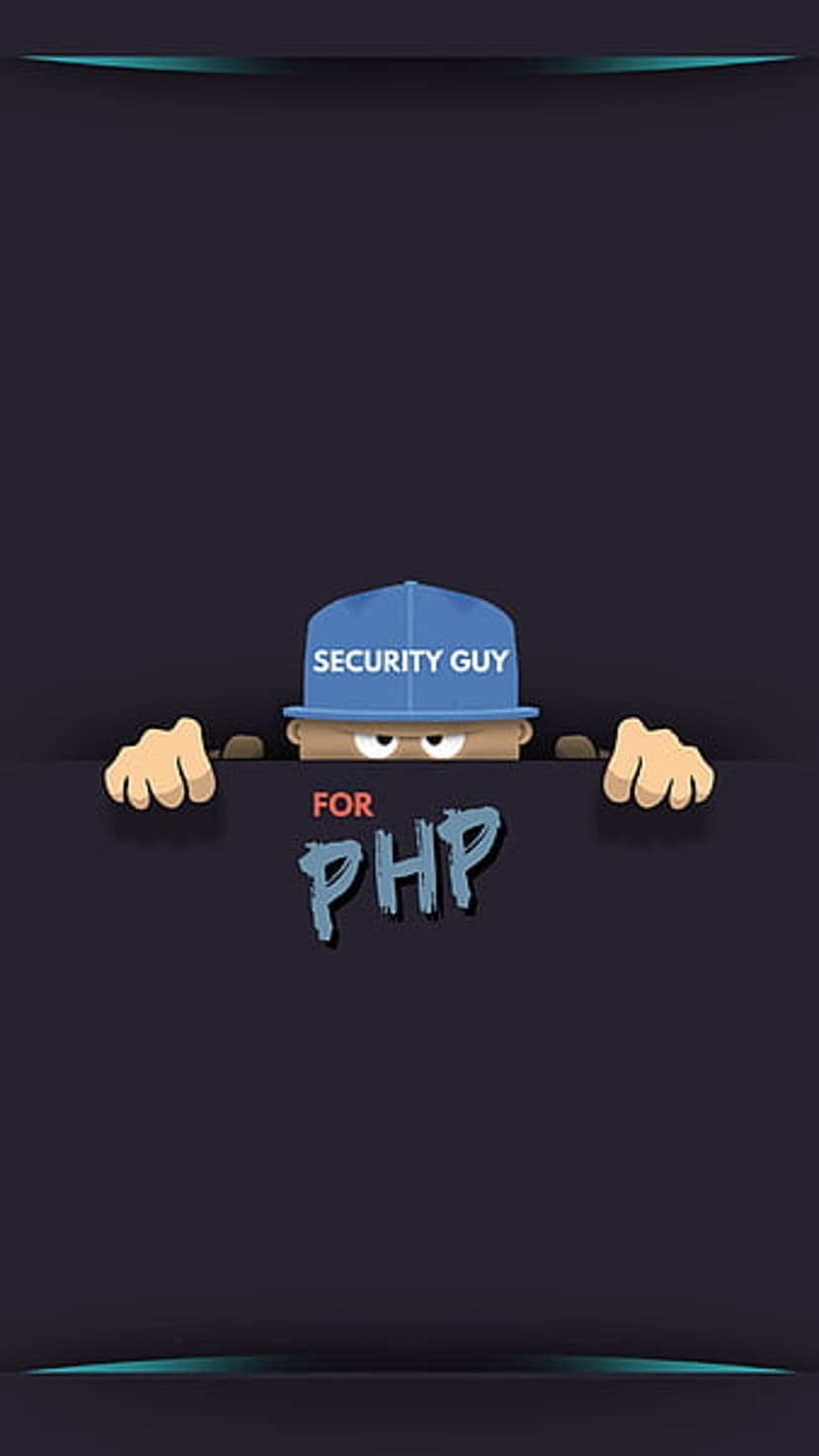 Cartoon security guard wearing a blue cap peeks over a dark edge above stylized text reading FOR PHP.