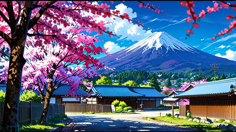 Mount Fuji stands behind a street of traditional Japanese houses framed by blooming pink cherry blossom trees.