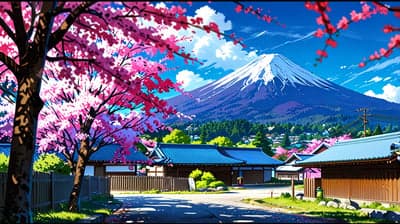 Mount Fuji and Cherry Blossoms in Japan Anime Style