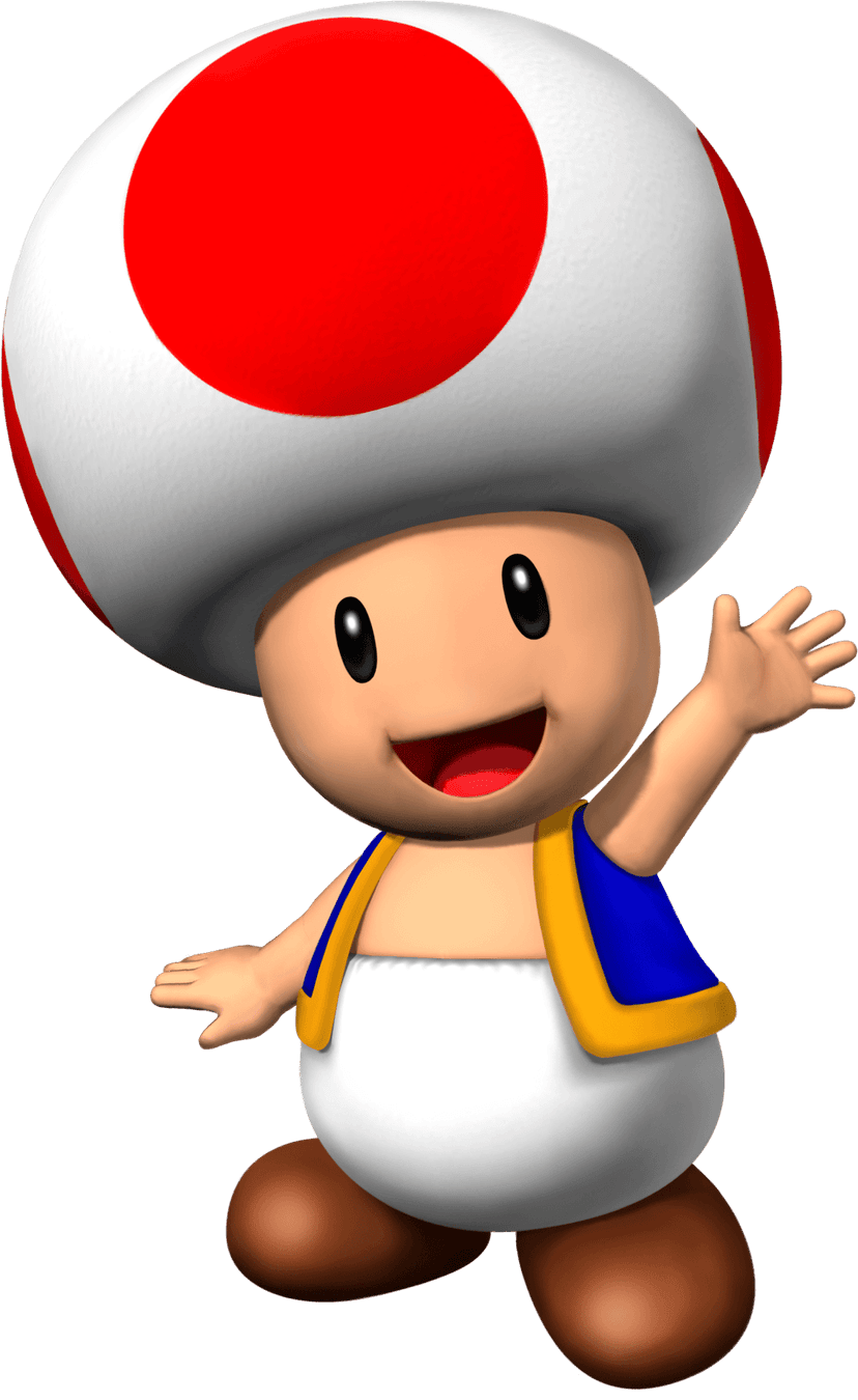 Super Mario Mushroom Toad and Bowser characters shown in a flat cartoon style with vibrant red and green colors.