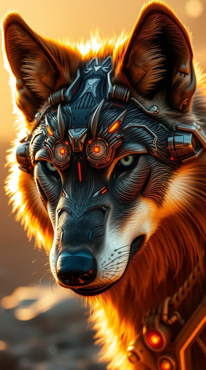 Cybernetic wolf warrior with glowing orange eyes and metallic implants illuminated by golden sunlight flares.