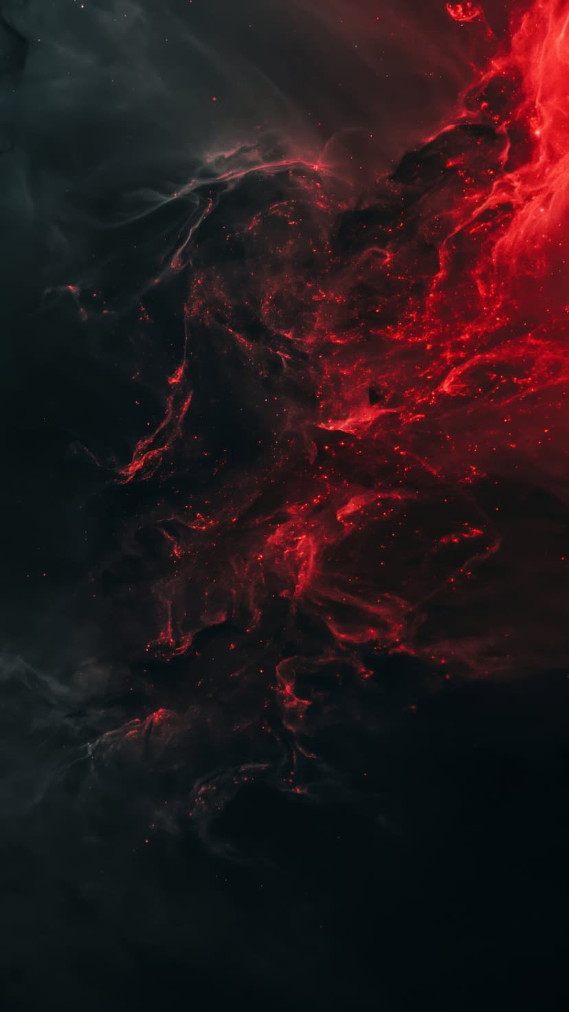 Crimson nebula clouds and glowing star clusters swirl through a dark cosmic void in a vertical orientation.