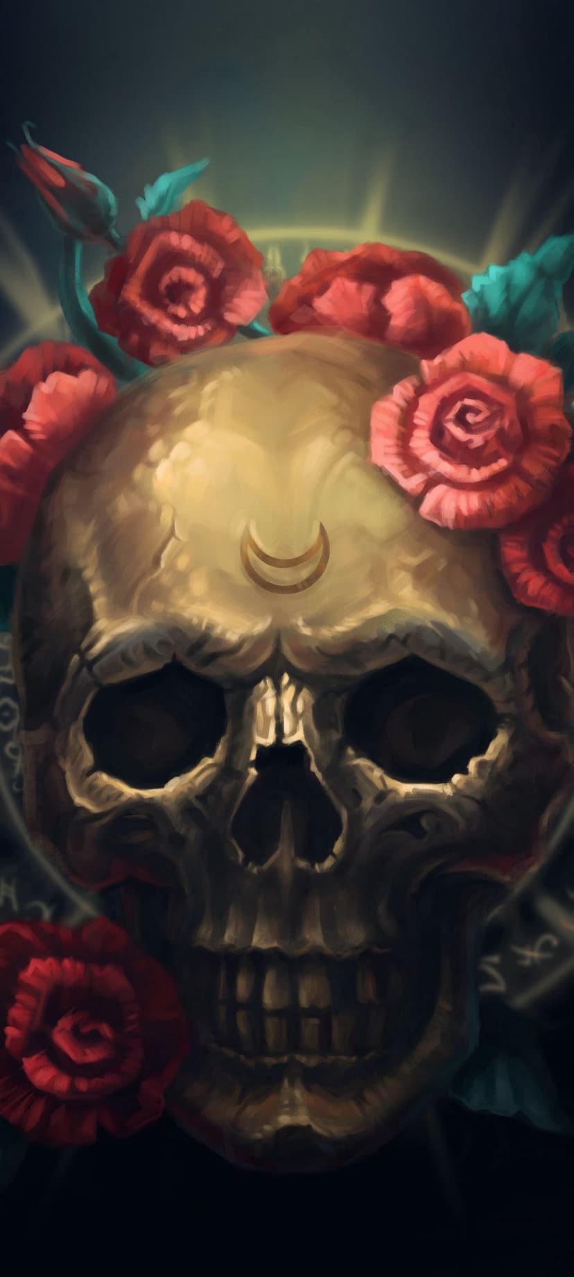Human skull with a gold crescent moon on the forehead surrounded by red roses against a dark glowing backdrop.