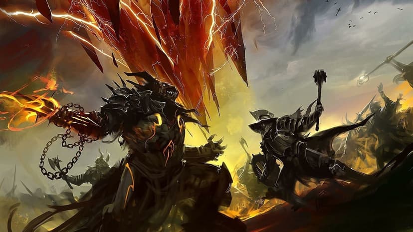Demonic armored creature with fiery chains battles a knight amidst a chaotic battlefield under a glowing sky.