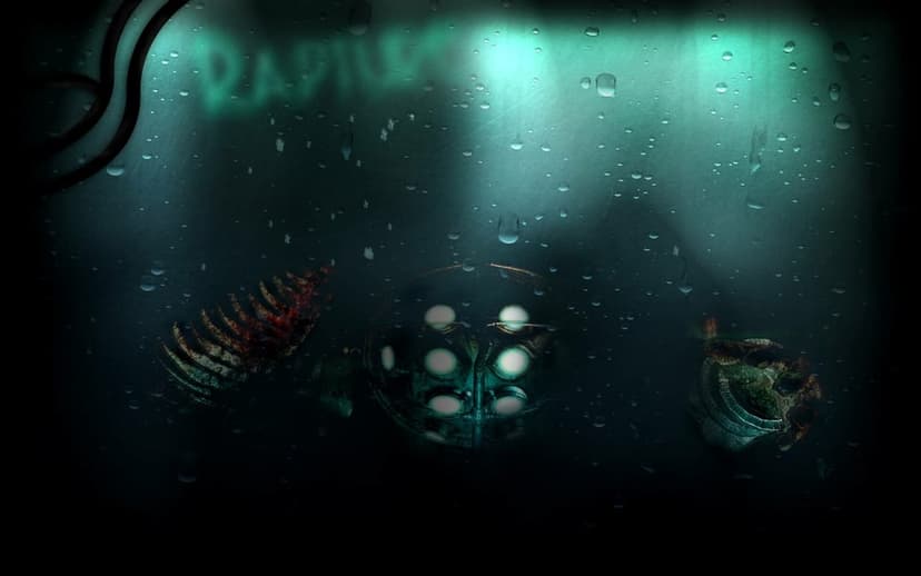 Big Daddy diving helmet with glowing lights behind water droplets on glass in a dark teal underwater setting.
