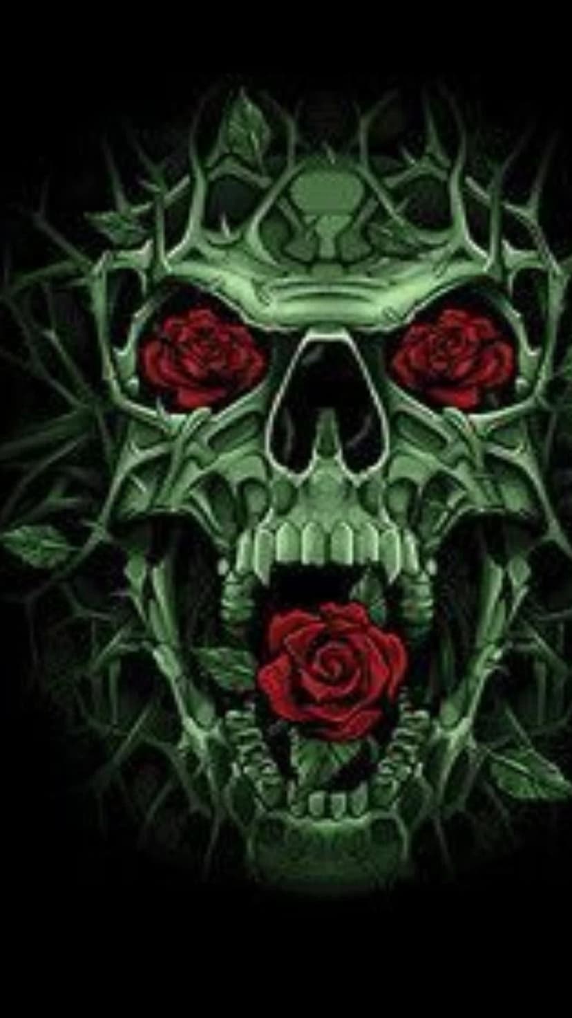 Green skull with red roses growing from eyes and mouth, wrapped in thorny vines on a dark vertical background.