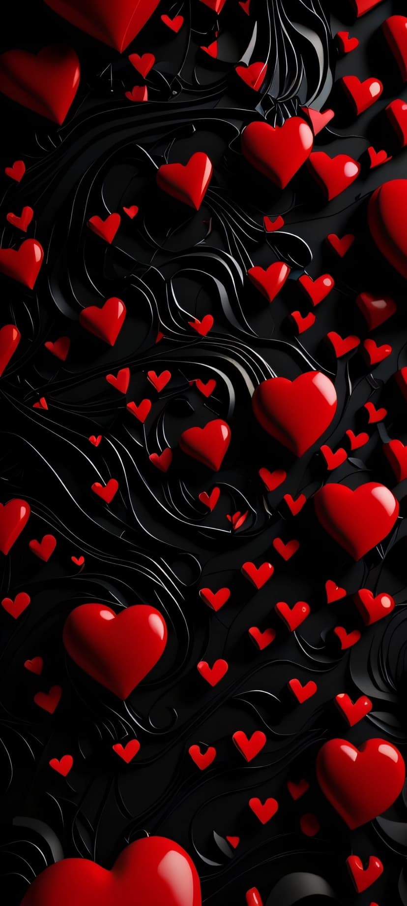 Glossy red hearts of various sizes float across a black background with raised swirling ornamental textures.