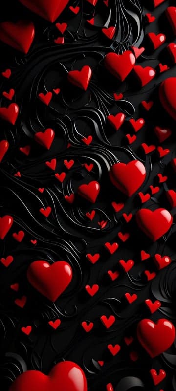 Red Hearts on Black Swirl Background