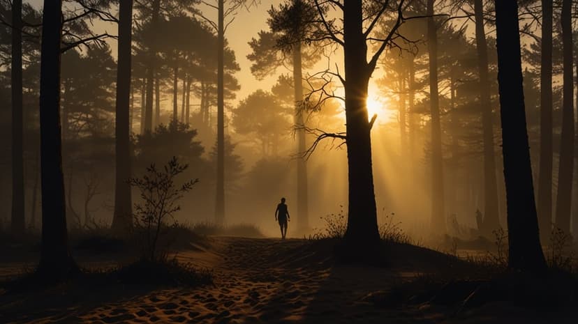 Solitary hiker traverses a forest trail while golden sunbeams pierce through morning mist and towering evergreens.